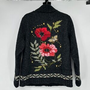 Lost Horizons Wool Cardigan Knit Sweater Fleece Embroidered Handcraft Nepal M